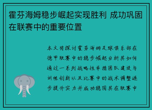 霍芬海姆稳步崛起实现胜利 成功巩固在联赛中的重要位置