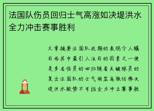 法国队伤员回归士气高涨如决堤洪水全力冲击赛事胜利