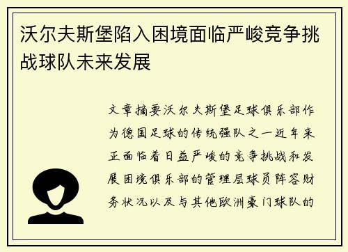 沃尔夫斯堡陷入困境面临严峻竞争挑战球队未来发展