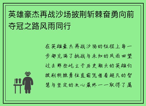 英雄豪杰再战沙场披荆斩棘奋勇向前夺冠之路风雨同行