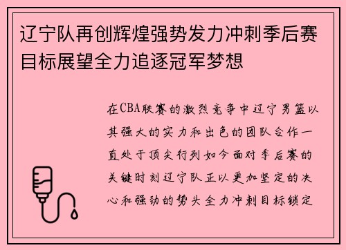 辽宁队再创辉煌强势发力冲刺季后赛目标展望全力追逐冠军梦想