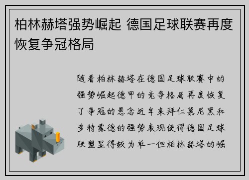 柏林赫塔强势崛起 德国足球联赛再度恢复争冠格局